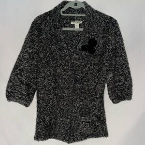 White House Black Market Gray Knit Cardigan Black Flower Embellishment Small EUC